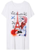 Romwe Round Neck Eiffel Tower Woman Print T-shirt
