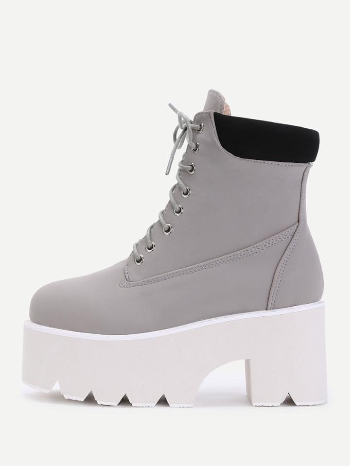 Romwe Platform Lace Up Block Heeled Boots