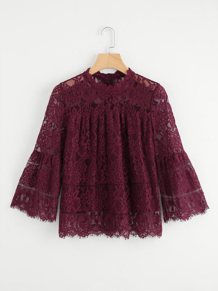 Romwe Flounce Sleeve Eyelash Lace Top