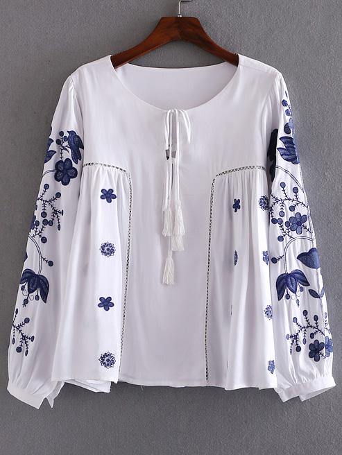 Romwe White Embroidery Self Tie Tassel Blouse