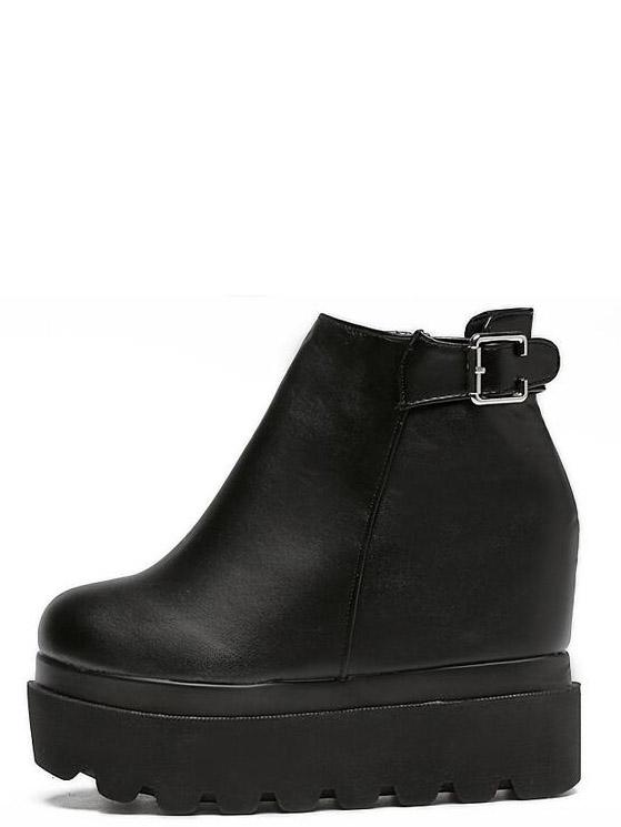 Romwe Black Buckle Strap Zipper Side Hidden Heel Ankle Boots