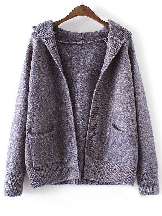 Romwe Blue Marled Knit Hooded Sweater Coat With Pockets