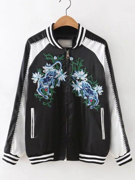 Romwe Black Rib-knit Cuff Embroidery Pockets Jacket