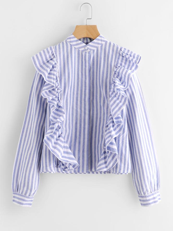 Romwe Contrast Striped Frill Trim Blouse