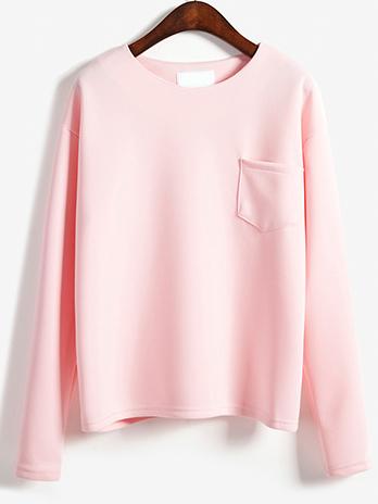 Romwe Long Sleeve Pocket Pink T-shirt