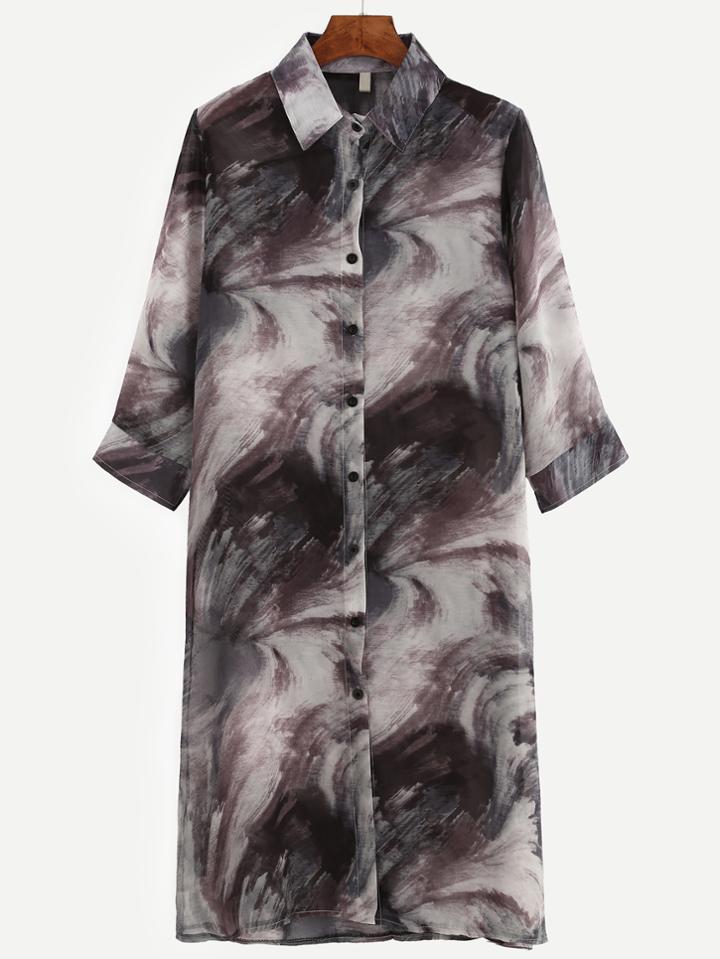 Romwe Tie Dye Button Front Chiffon Shirt Dress