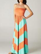 Romwe Straight Across Neck Color-block Striped Maxi Dress