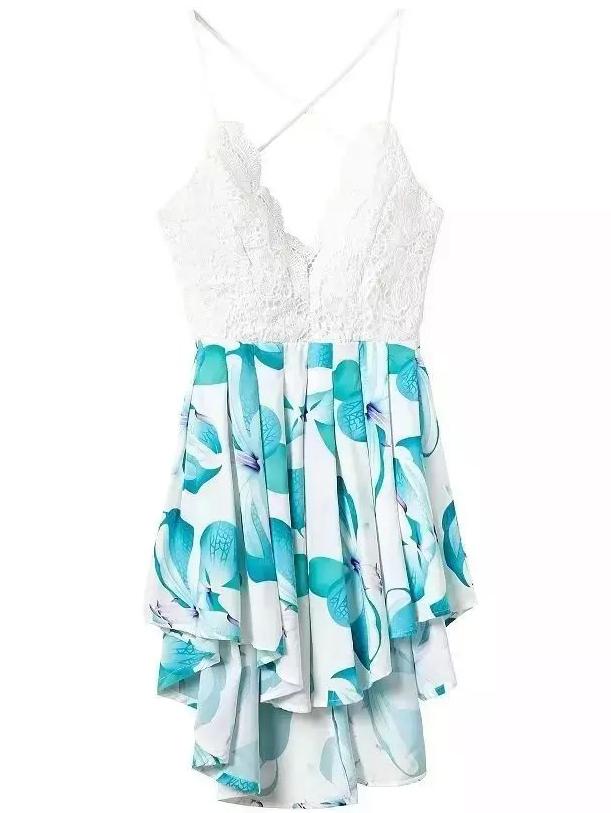 Romwe Deep V Neck Contrast Lace Florals Romper