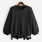 Romwe Lantern Sleeve Pompom Hem Sweater