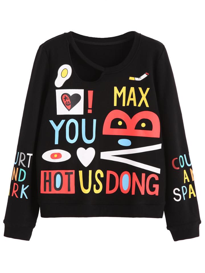 Romwe Black Letters Print Cut Out Neck Sweatshirt