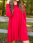 Romwe Red Round Neck Long Sleeve Loose Dress
