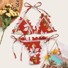 Romwe Random Floral Scalloped Trim Top With Tie Side Bikini