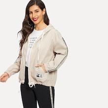 Romwe Contrast Letter Ribbon Kangaroo Pocket Zip-up Hooded Jacket
