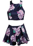 Romwe Criss Cross Back Floral Top With Shorts