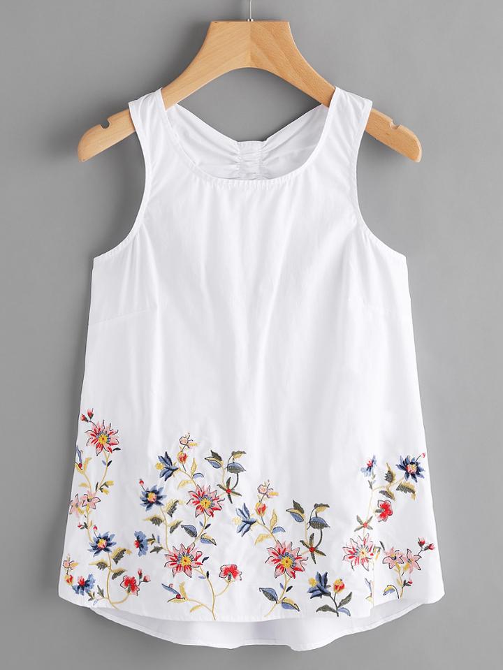 Romwe Floral Embroidered Open Back Dip Hem Tank Top