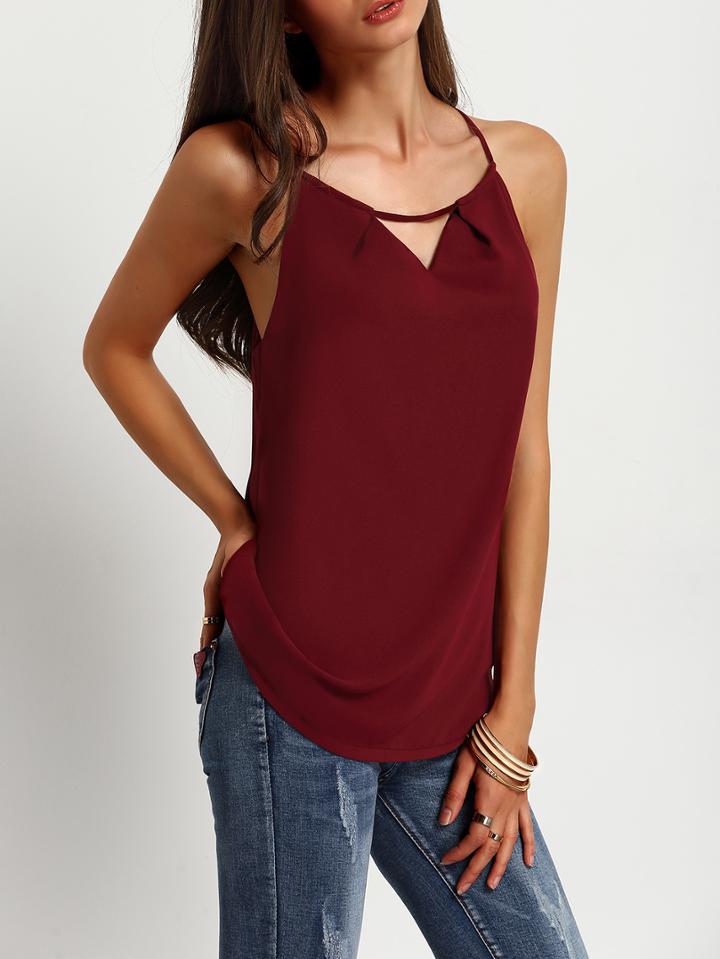 Romwe Spaghetti Strap Cut Out Keyhole Back Chiffon Cami Top