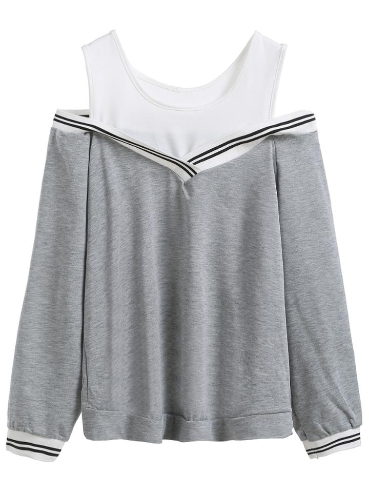 Romwe Grey Contrast Cold Shoulder Striped Sweatshirt