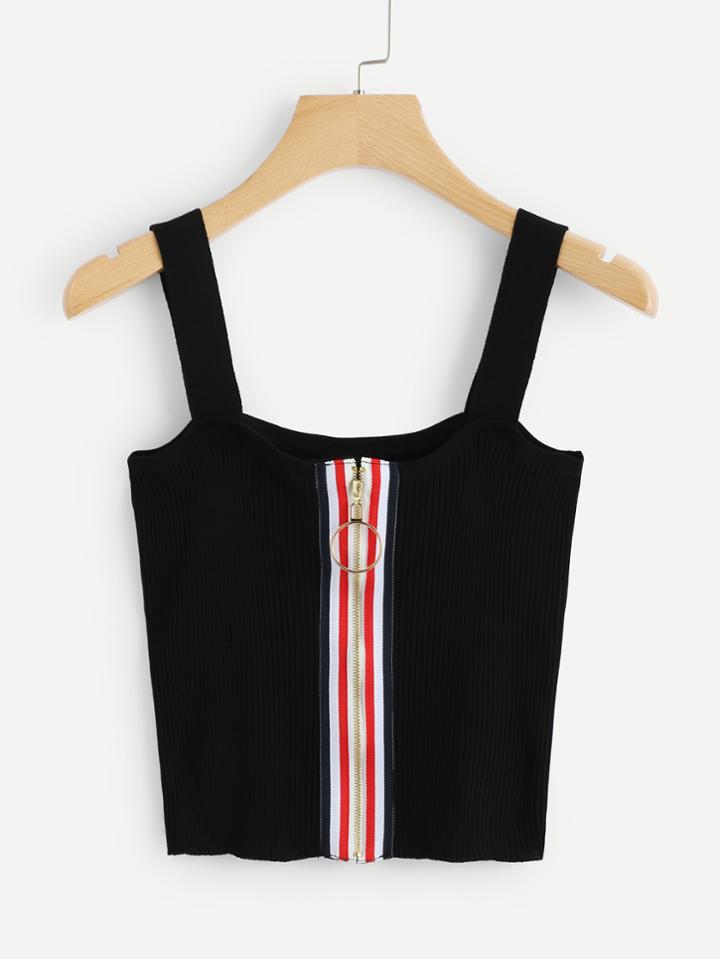 Romwe Striped Tape Zip Up Front Top