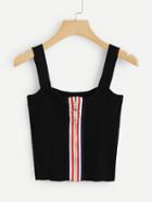 Romwe Striped Tape Zip Up Front Top