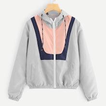 Romwe Colorblock Drawstring Zip-up Jacket