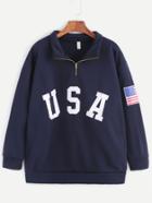 Romwe Navy Usa Print Zip Detail Pocket Sweatshirt