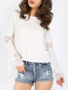 Romwe Beige Crochet Lace Panel Sleeve Keyhole Back Blouse