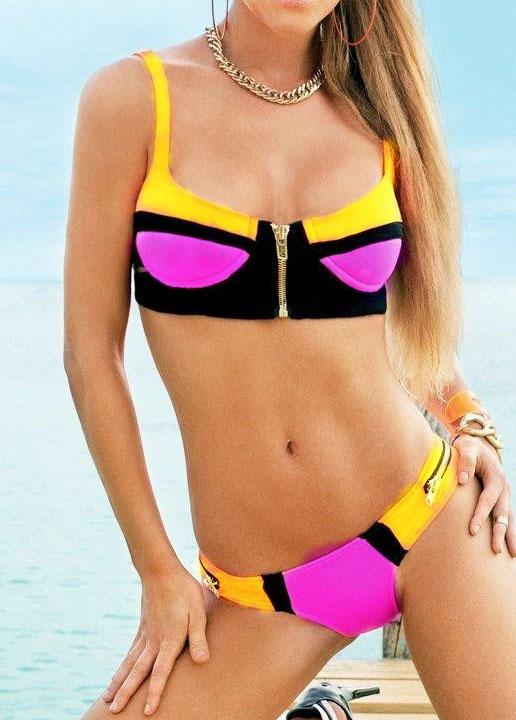 Romwe Color-block Zipper Bikini Set