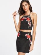 Romwe Black Suede Flower Embroidered Halter Top With Skirt