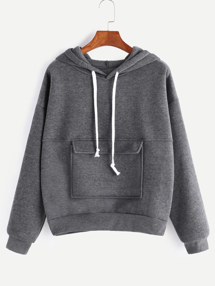 Romwe Grey Dropped Shoulder Seam Drawstring Hooded Pocket Sweatshirt