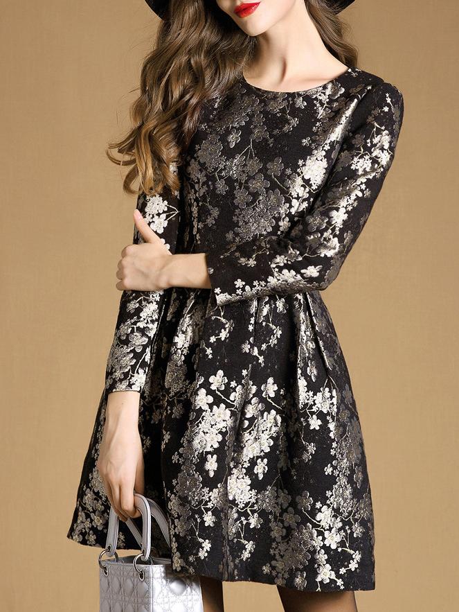 Romwe Black Round Neck Long Sleeve Jacquard Dress