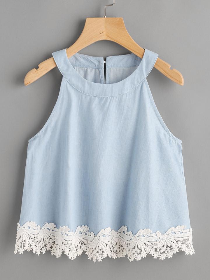 Romwe Lace Hem Keyhole Back Chambray Top