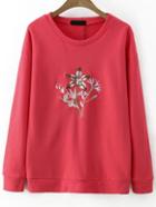 Romwe Flower Embroidered Red Sweatshirt