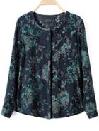 Romwe Black Long Sleeve Floral Print Blouse