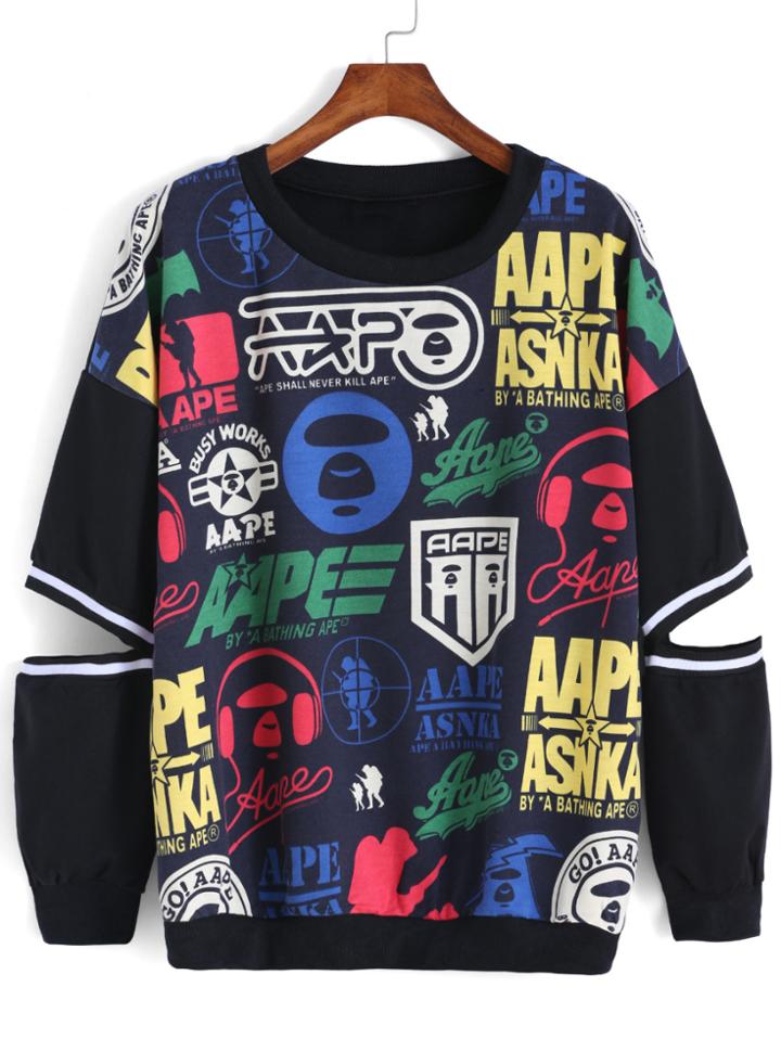 Romwe Graphic Print Blue Sweatshirt