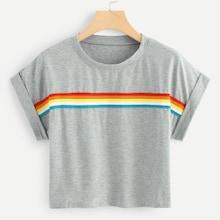 Romwe Striped Tape Panel Crop Tee
