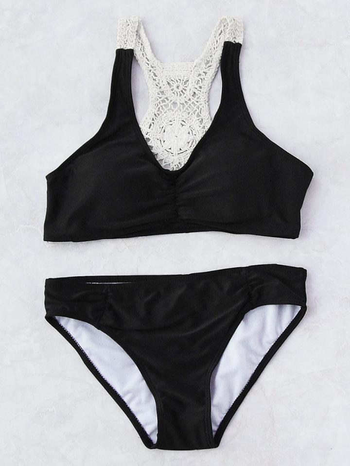 Romwe Contrast Crochet Back Sexy Bikini Set