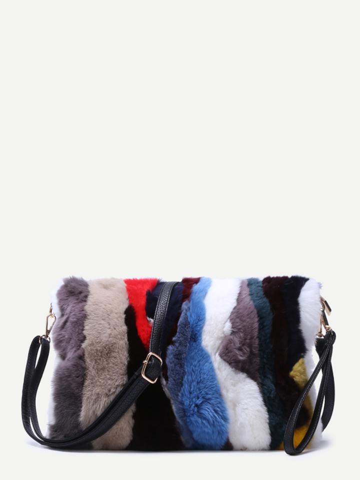 Romwe Color Block Vertical Striped Rabbit Fur Shoulder Bag