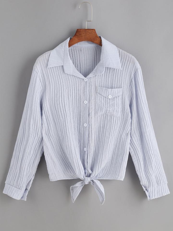 Romwe Blue Tie Front Crinkle Ribbed Chest Pocket Blouse