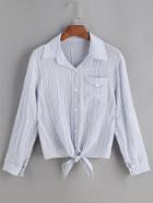 Romwe Blue Tie Front Crinkle Ribbed Chest Pocket Blouse