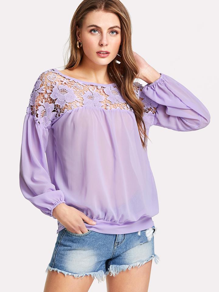 Romwe Floral Lace Shoulder Top