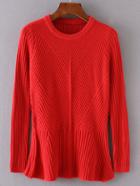 Romwe Red Ruffle Hem Ribbed Sweater