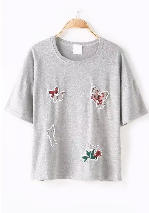 Romwe Butterfly Print Grey T-shirt