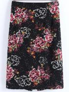 Romwe Flower Print Split Back Midi Skirt