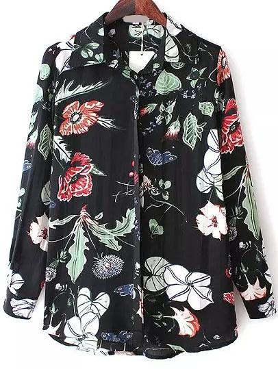 Romwe Lapel With Buttons Florals Black Blouse