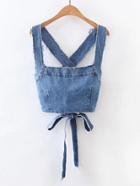 Romwe Frayed Detail Criss Cross Back Denim Top