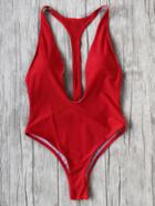 Romwe Red Plunge Neck One-piece Swimwear