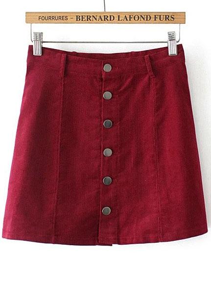 Romwe Red Single Breasted Corduroy Skirt