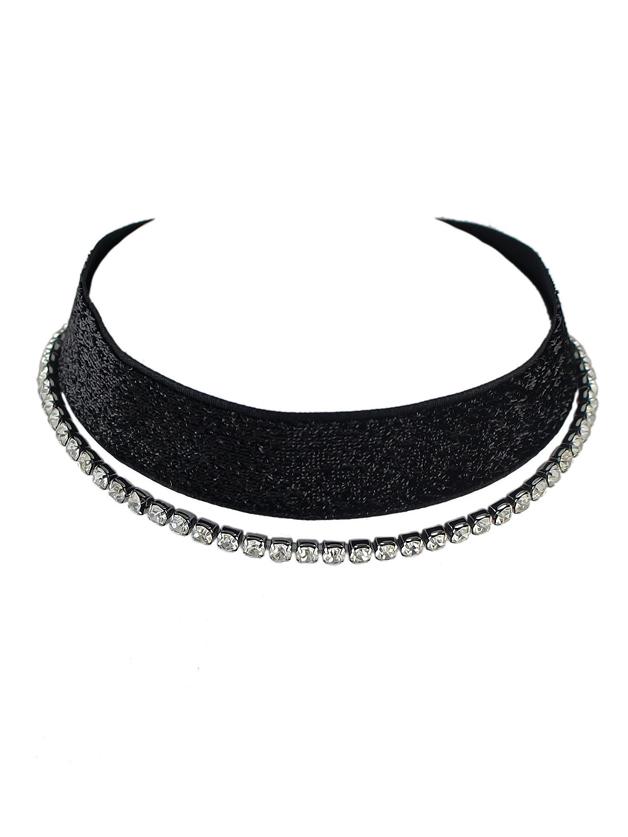 Romwe Black Double Layers Rhinestone Velvet Chunky Choker Necklace