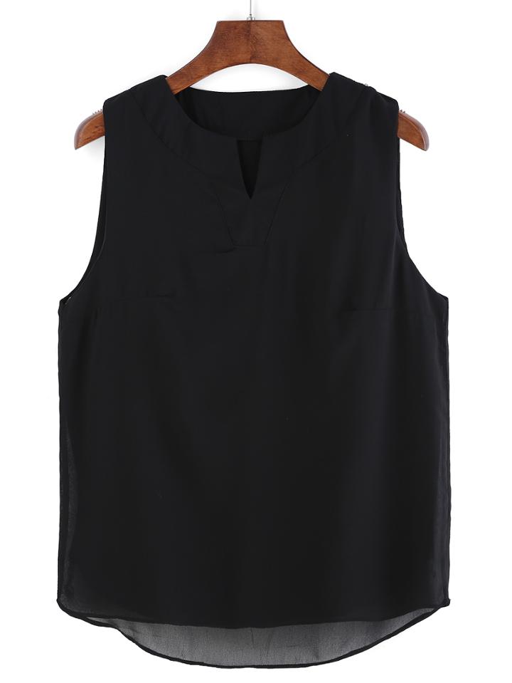 Romwe V Cut Black Chiffon Tank Top