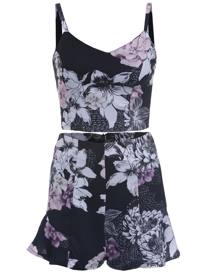 Romwe Spaghetti Strap Flower Print Top With Peplum Hem Black Shorts